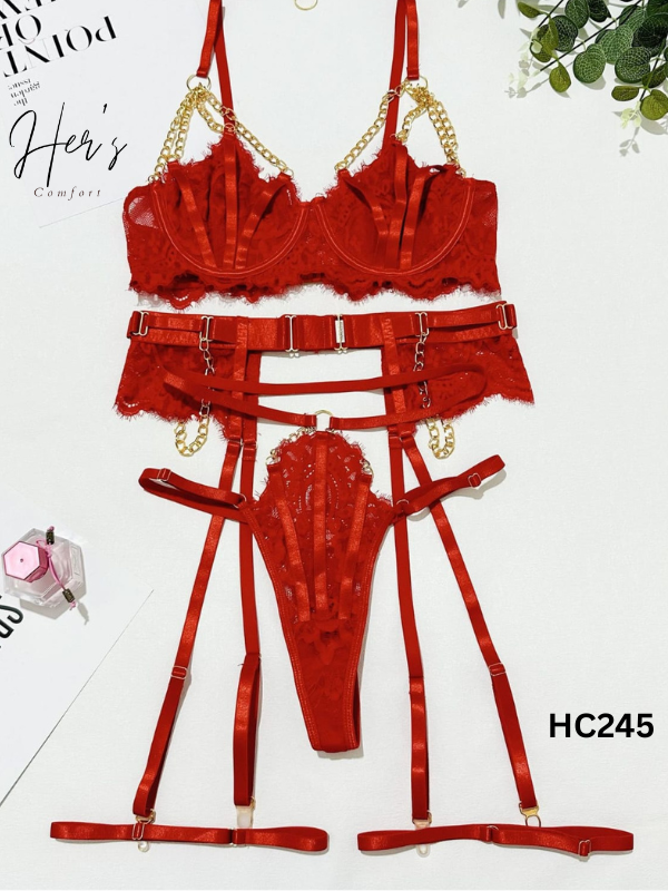 Premium Lace Bra, Panty & Garter Lingerie Set